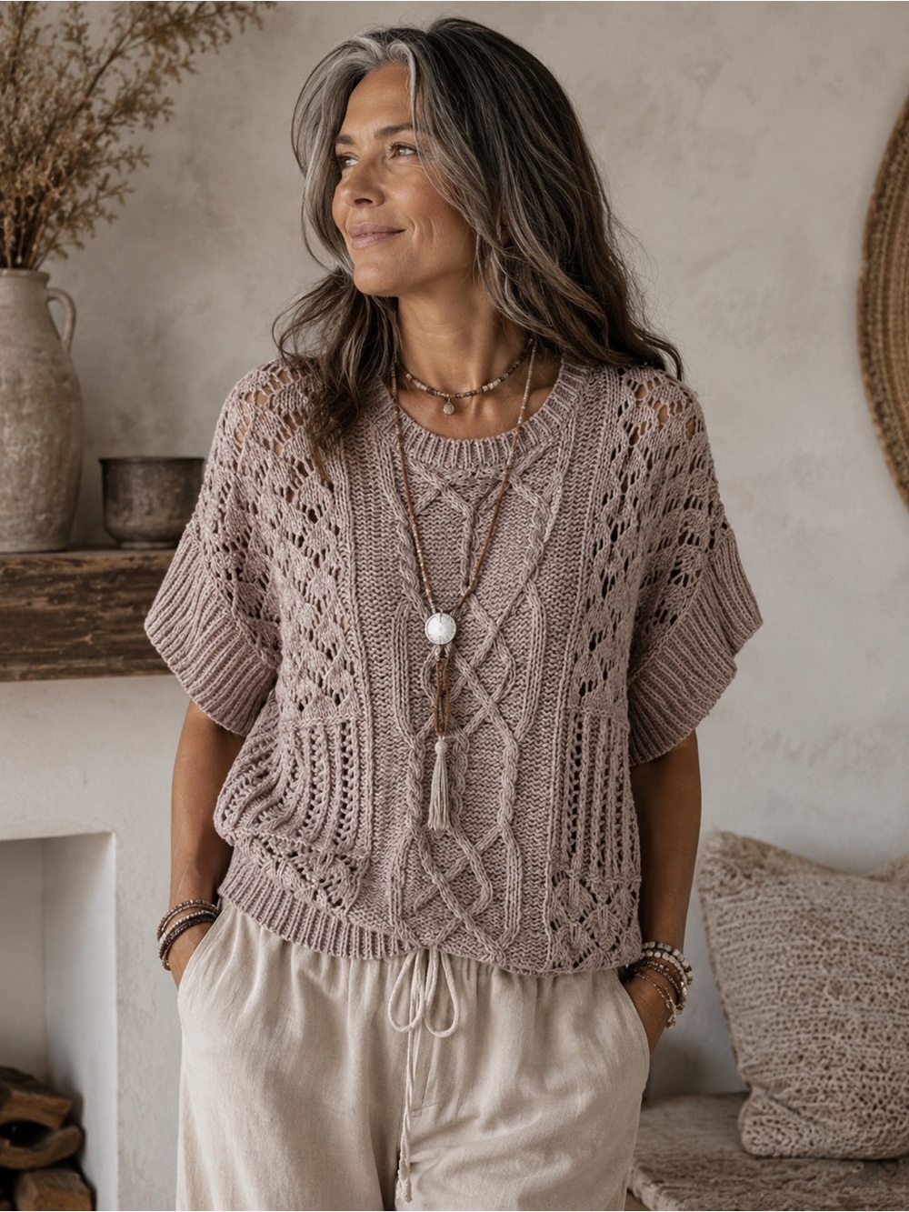 prAna Mauve Textured Knit Sweater | M | Short Sleeve Crop